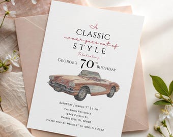 Modèle d'invitation d'anniversaire Corvette classique, invitation d'anniversaire de voiture de sport vintage, voiture classique rétro, 50e 60e 70e 80e anniversaire, toile