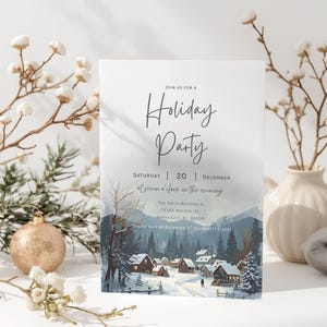 Winter Village Holiday Party Invitation | Snowy Christmas Invite | Blue Gray Winter Scene Template | Editable Printable Invite