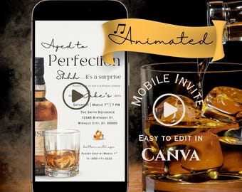 May include: A digital mobile invitation template featuring a whiskey theme with text reading Aged to Perfection, Shhh...it's a surprise, and details for a 40th birthday dinner. The design includes a bottle and glass of whiskey.