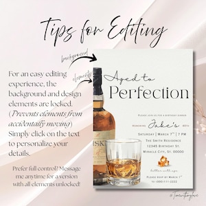 Peut inclure: Une invitation d'anniversaire avec le texte "Aged to Perfection". Le design comprend une bouteille de whisky, un verre de whisky avec des gla&ccedil;ons et le texte "Jake's 40th". L'invitation comprend &eacute;galement les d&eacute;tails de l'&eacute;v&eacute;nement.