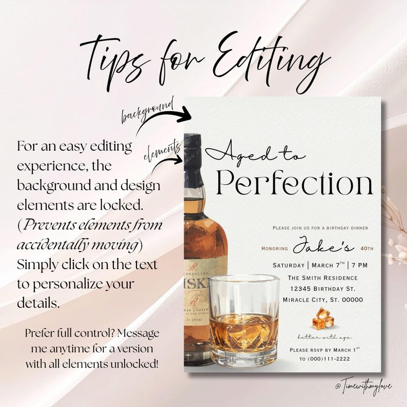 Peut inclure: Une invitation d'anniversaire avec le texte "Aged to Perfection". Le design comprend une bouteille de whisky, un verre de whisky avec des gla&ccedil;ons et le texte "Jake's 40th". L'invitation comprend &eacute;galement les d&eacute;tails de l'&eacute;v&eacute;nement.