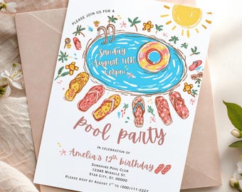 May include: A white rectangular invitation card featuring a colorful hand-drawn illustration of a blue swimming pool, a yellow sun, and various flip-flops. The text reads: Please join us for a Pool party, Sunday August 16th 4:00pm, In celebration of Amelia's 12th birthday, Sunshine Pool Club, 12345 Miracle St. Star City, ST. 00000, Please RSVP by August 1st to (000)111-2222.
