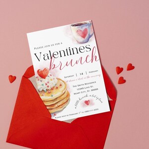 Valentinsgruß Brunch-Einladungsvorlage | Galentines Day Brunch-Einladung | Pfannkuchen & Kaffee | Bearbeitbare Canva Vorlage | Druckbar Bild 4