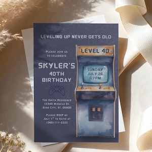 Level Up 40th Birthday Invitation, Gamer Birthday Invite, Retro Arcade Invitation, Level Up Birthday Party Template, Adult Gamer Birthday