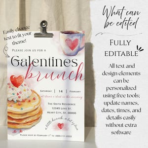 K&ouml;nnte beinhalten: Eine Einladung zum Galentines-Brunch mit einem Pfannkuchenstapel mit Herz. Die Einladung enth&auml;lt eine Kaffeetasse mit Herzdesign und den Text "Galentines brunch". Der Text "Vollst&auml;ndig editierbar" ist ebenfalls sichtbar.