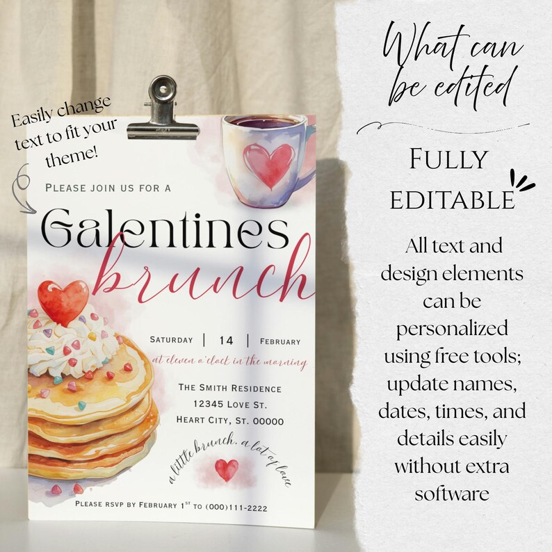 K&ouml;nnte beinhalten: Eine Einladung zum Galentines-Brunch mit einem Pfannkuchenstapel mit Herz. Die Einladung enth&auml;lt eine Kaffeetasse mit Herzdesign und den Text "Galentines brunch". Der Text "Vollst&auml;ndig editierbar" ist ebenfalls sichtbar.