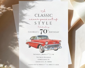 May include: A white birthday invitation card featuring a red and white vintage car illustration. Text reads: A CLASSIC never goes out of STYLE Celebrating GEORGE'S 70TH BIRTHDAY SATURDAY | MARCH 7TH | 1 PM THE SMITH RESIDENCE 12345 CLASSIC ST. CHEERS CITY, ST. 00000 PLEASE RSVP BY MARCH 1ST TO (000)111-2222.