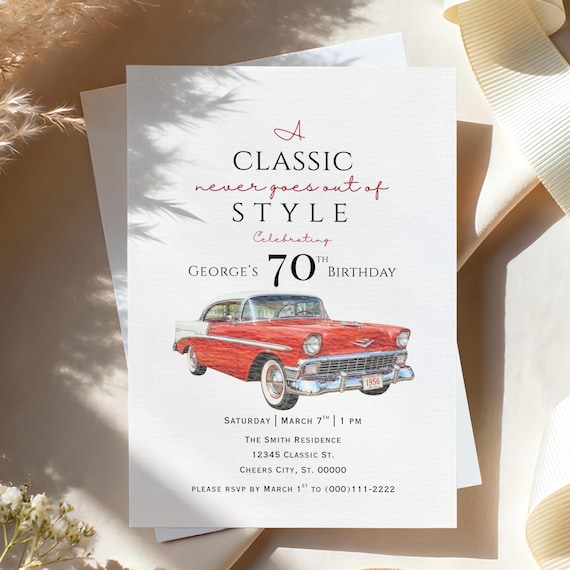 Classic Car Birthday Invitation Template, Vintage Car Birthday Invite, Bel Air, Retro Classic Car, 50th 60th 70th 80th Birthday, Canva