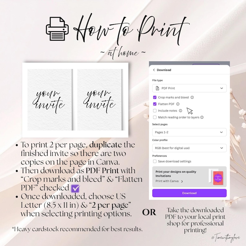Puede incluir: Un gr&aacute;fico instructivo titulado How to Print at home que muestra un men&uacute; de descarga para PDF Print con casillas de verificaci&oacute;n para Crop marks and bleed y Flatten PDF. Incluye instrucciones de texto para imprimir dos invitaciones por p&aacute;gina.