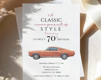 Oldtimer-Geburtstags-Einladungsvorlage, Vintage mustang Geburtstagseinladung, ein Klassiker, der nie aus der Mode-Party einlädt, 50er 60er 70er