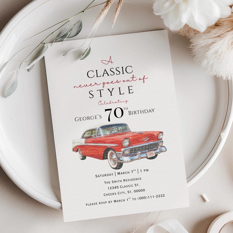 Puede incluir: Una tarjeta de invitaci&oacute;n de cumplea&ntilde;os rectangular blanca con una ilustraci&oacute;n de un coche cl&aacute;sico rojo y blanco. El texto dice: A CLASSIC never goes out of STYLE Celebrating GEORGE'S 70TH BIRTHDAY SATURDAY MARCH 7TH 1 PM THE SMITH RESIDENCE 12345 CLASSIC ST. CHEERS CITY, ST. 00000 PLEASE RSVP BY MARCH 1ST TO (000)111-2222.