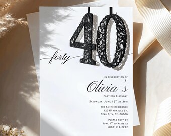May include: A white rectangular invitation card featuring the number 40 in black lace texture at the top. The text reads forty, IN CELEBRATION OF Olivia's FORTIETH BIRTHDAY, SATURDAY, JUNE 16TH AT 3PM, THE SMITH RESIDENCE 12345 MIRACLE ST. STAR CITY, ST. 00000, PLEASE RSVP BY JUNE 1ST TO KATIE AT (000)111-2222.