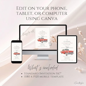 Puede incluir: Una plantilla de invitaci&oacute;n digital mostrada en un tel&eacute;fono inteligente, monitor de computadora y tableta. La invitaci&oacute;n presenta una ilustraci&oacute;n de un auto cl&aacute;sico rojo y el texto A CLASSIC never goes out of STYLE celebrating GEORGE'S 70TH BIRTHDAY.