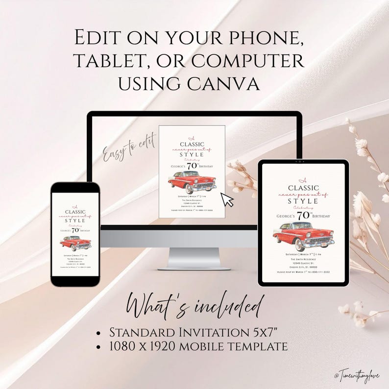 Puede incluir: Una plantilla de invitaci&oacute;n digital mostrada en un tel&eacute;fono inteligente, monitor de computadora y tableta. La invitaci&oacute;n presenta una ilustraci&oacute;n de un auto cl&aacute;sico rojo y el texto A CLASSIC never goes out of STYLE celebrating GEORGE'S 70TH BIRTHDAY.