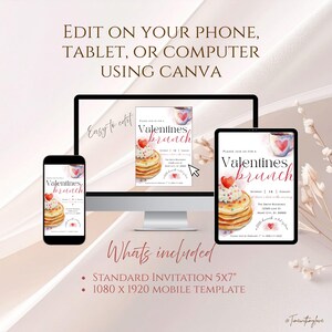 K&ouml;nnte beinhalten: Ein digitales Einladungsdesign f&uuml;r einen Valentinstagsbrunch, angezeigt auf einem Smartphone, Tablet und Computerbildschirm. Das Design zeigt Pfannkuchen, ein Herz und den Text "Valentines brunch". Das Bild enth&auml;lt auch den Text "Edit on your phone, tablet, or computer using Canva."
