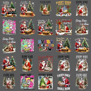 May include: A collection of Christmas-themed graphic designs featuring Santa Claus, nativity scenes, Christmas trees, and the text "Every Knee Shall Bow" from Philippians 2:10. Designs vary in style and color.