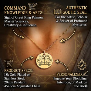 Sigil of King Paimon Necklace, Ars Goetia Demon Seal, Goetic Magick Amulet for Arts & Science, Engraved Occult Jewelry, Influence Talisman