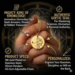 Sigil of Asmodeus Necklace, Ars Goetia Demon King Asmoday Seal, Goetic Magick Amulet for Knowledge, Engraved Occult Jewelry, Power Talisman