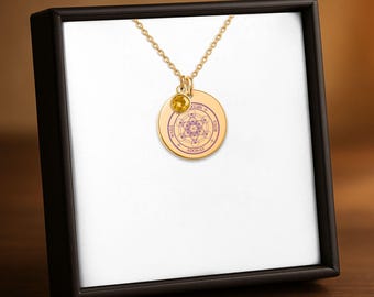 Erzengel Metatron Sigil Halskette mit Geburtsstein - 18K Vergoldete Münze - Heilige Geometrie Anhänger - Baum des Lebens Amulett - Custom Back Engra