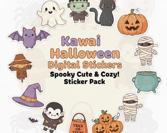 Kawaii Halloween Digital Stickers, Cute Spooky Sticker Pack, Goodnotes Sticker Set, Planner Stickers, Digital Download