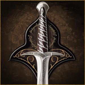 May include: A detailed image of a sword with a silver blade and a brown and silver handle. The sword is mounted on a wooden plaque with gold accents and elvish script. The background features a map.