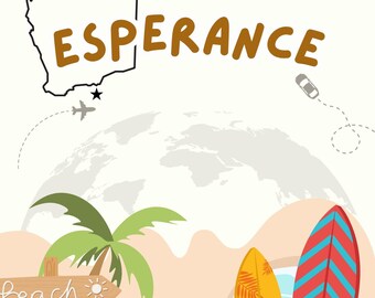 May include: Illustration featuring a map of Western Australia, the word "ESPERANCE" in brown, and a "Little Nomads Club" logo. The image includes a palm tree, surfboards, and a sign pointing to the beach, evoking a travel theme.