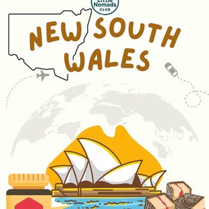 May include: Illustration of New South Wales with the Sydney Opera House, a jar, and three wrapped packages. The text "Little Nomads Club" and "New South Wales" are also included in the image.