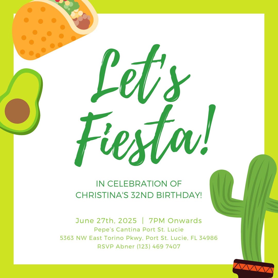 Editable FIESTA Birthday Invitation | GREEN Printable Canva Template ...