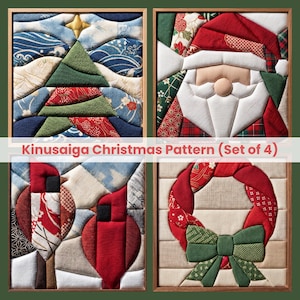 Ensemble de patrons de Noël Kinusaiga, art textile japonais, patchwork sans couture, sapin de Noël, Père Noël, cardinal, couronne (patron PDF)