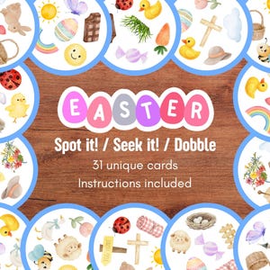 May include: An Easter-themed game with colorful illustrations of Easter eggs, bunnies, chicks, and other spring symbols. The game is called "Spot it! / Seek it! / Dobble" and includes 31 unique cards. The word "EASTER" is prominently displayed.
