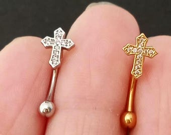 Surgical Steel Cross Eyebrow Ring, 16g 8mm Curved Barbell Cartilage Earring,Zircon Eyebrow Ring