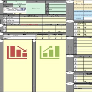 May include: A detailed business process chart with multiple sections and tables. The chart includes text, data fields, and visual elements such as bar graphs with downward and upward trends in red and green. The chart is on a light yellow background.