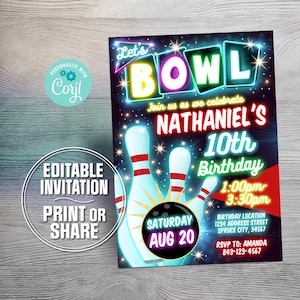 Bowling birthday party neon invitation | EASY EDIT!