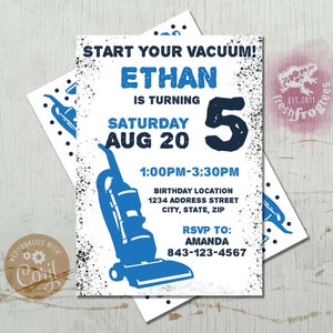 Vacuum cleaner birthday invitation kids rsvp editable digital invite BLUE - EASY EDIT!