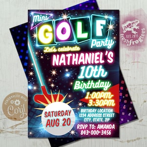 Mini golf birthday invitation neon party - EASY EDIT!