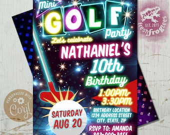 Mini golf birthday invitation neon party - EASY EDIT!