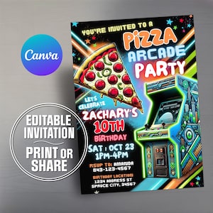 May include: A neon-colored invitation for a pizza arcade party. The invitation features a slice of pizza with pepperoni and green peppers and a retro arcade game. The text on the invitation reads "You're invited to a Pizza Arcade Party", "Let's Celebrate Zachary's 10th Birthday", "Sat Oct 23 1PM-4PM", "RSVP to: Amanda 843-123-4567", "Birthday Location 1234 Address St Spruce City, 34567".