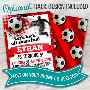 soccer birthday invitation red rsvp front and back