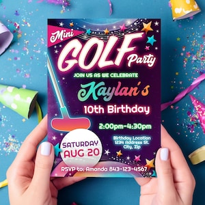 Invitación de cumpleaños de minigolf / Tarjeta de fiesta de golf de neón / Invitación de golf editable e imprimible
