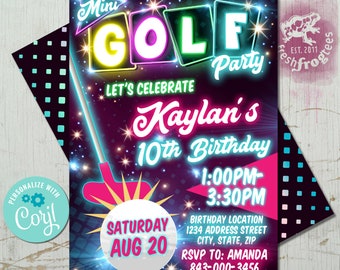 Mädchen MiniGolf Party Einladung, Glow Mini Golf Geburtstagseinladung - EASY EDIT!