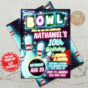 Bowling birthday party neon invitation for boys or girls - EASY EDIT!