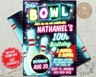 Bowling birthday party neon invitation for boys or girls - EASY EDIT!