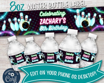 Bowling Wasserflasche Etikett, Neon Bowling Wasserflasche Aufkleber Personalisierte Geburtstagsparty - Easy Edit!