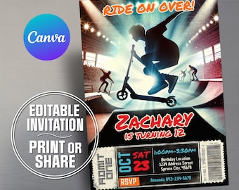 May include: A digitally designed invitation with a skateboarding theme. The invitation features a silhouette of a person on a scooter, the text "RIDE ON OVER!" and "ZACHARY IS TURNING 12". Includes event details and the Canva logo.