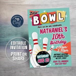 Convite de aniversário de boliche | Convite de festa de boliche retrô para crianças | Download digital editável | Convite de aniversário de boliche para meninas divertidas