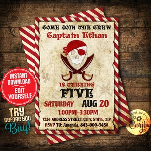 Pirate Birthday invitation, Pirate birthday invite RSVP - Editable in Corjl- Easy Edit!