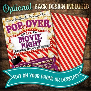 Movie Night Invitation Popcorn Birthday Invitation Printable - Etsy