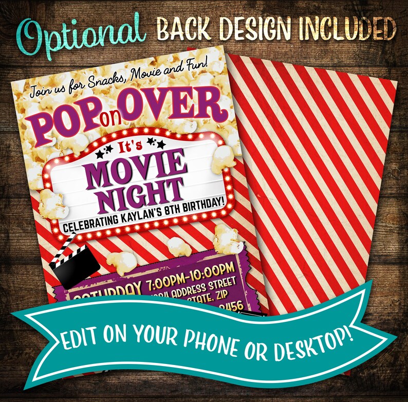 Movie Night Invitation Popcorn Birthday Invitation Printable - Etsy