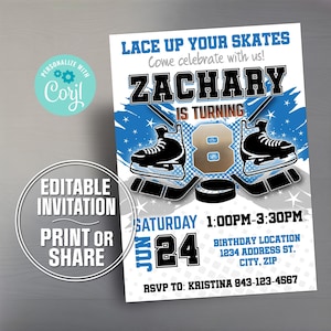 Modello di invito di compleanno per hockey / Invito personalizzabile per festa di hockey, download digitale modificabile, invito stampabile, invito a tema sportivo