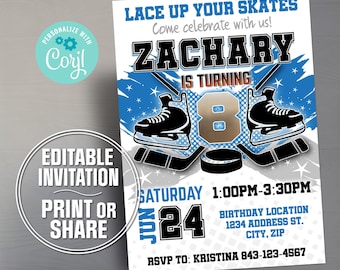 Plantilla de invitación de cumpleaños de hockey / Fiesta deportiva personalizable (descarga digital)